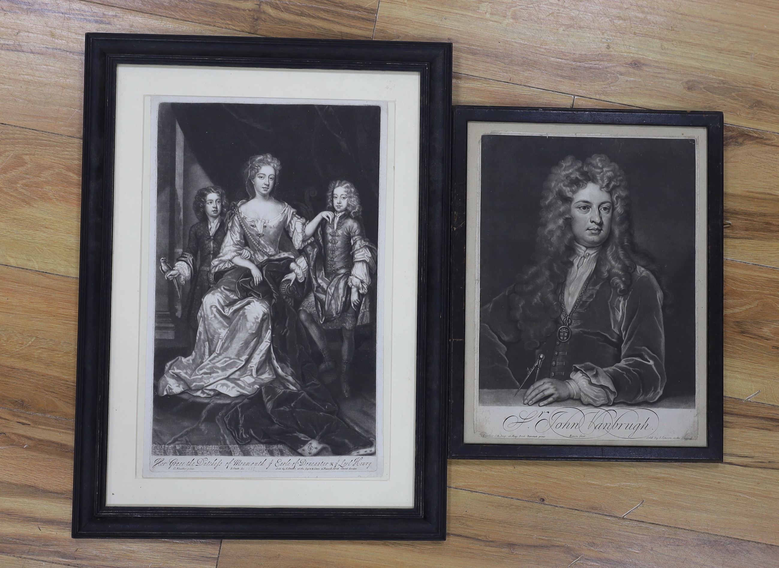 After Sir Godfrey Kneller (1646-1723), two mezzotints, Sir John Vanbrugh and Her Grace Duchess of Monmouth, sold by I Smith, largest 43 x 27cm